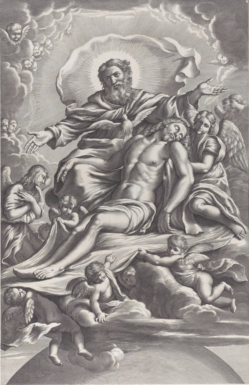 Den Hellige Treenighed, med den døde Kristus i centrum omgivet af engle, Gud Fader, ..., 1650-90. af F. de Louvement