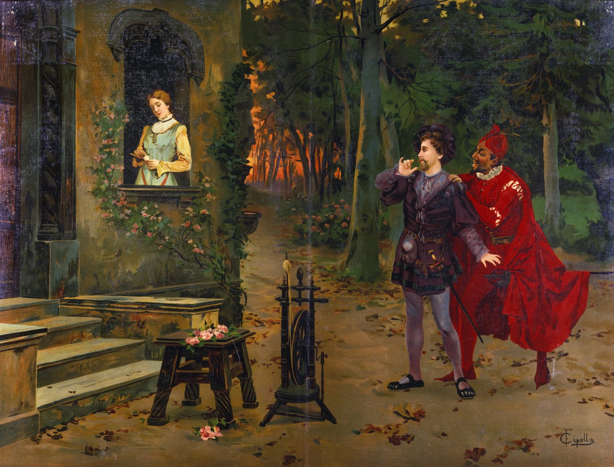 Mødet med Marguerite. Mephisto (Mephistopheles). Illustration af "" Faust"", Opera af Charles Gounod (1818 - 1893). kromolitografi af F. Cipolla. af Fabio Cipolla