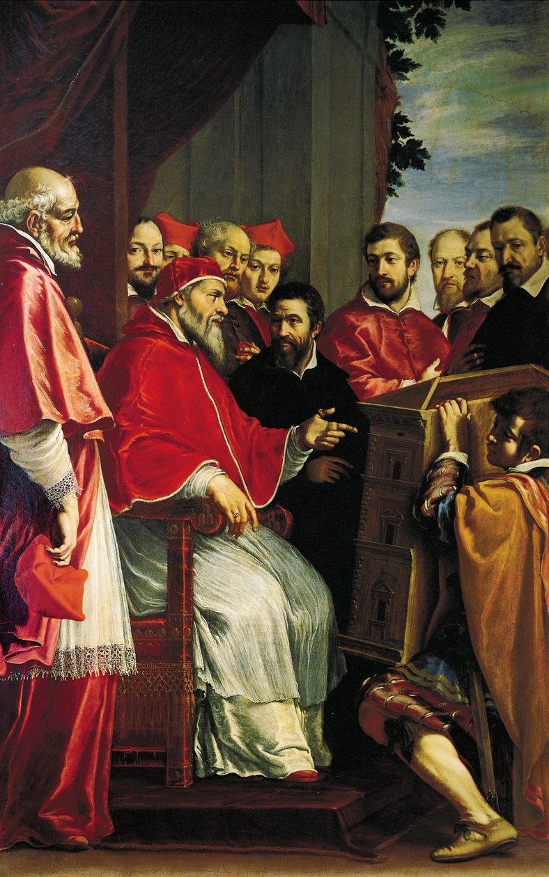 Michelangelo præsenterer model for bygning af Rota-domstolen i Giulia-gaden for pave Julius III af Fabrizio Boschi