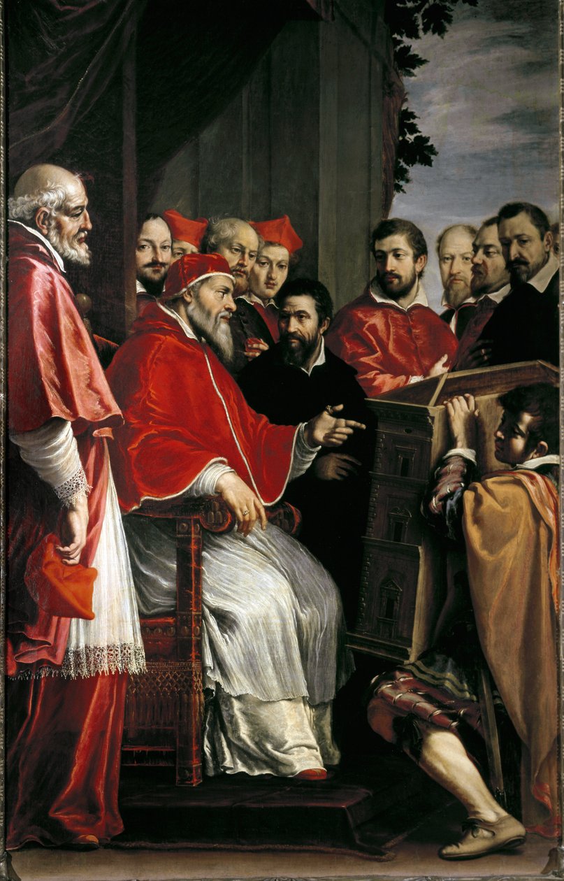 Michelangelo præsenterer model for bygning af Rota-domstolen i Giulia-gaden for pave Julius III af Fabrizio Boschi