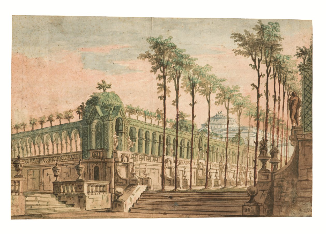 Et scenedesign af en paladshave (pen og brunt blæk, akvarel) af Fabrizio Galliari
