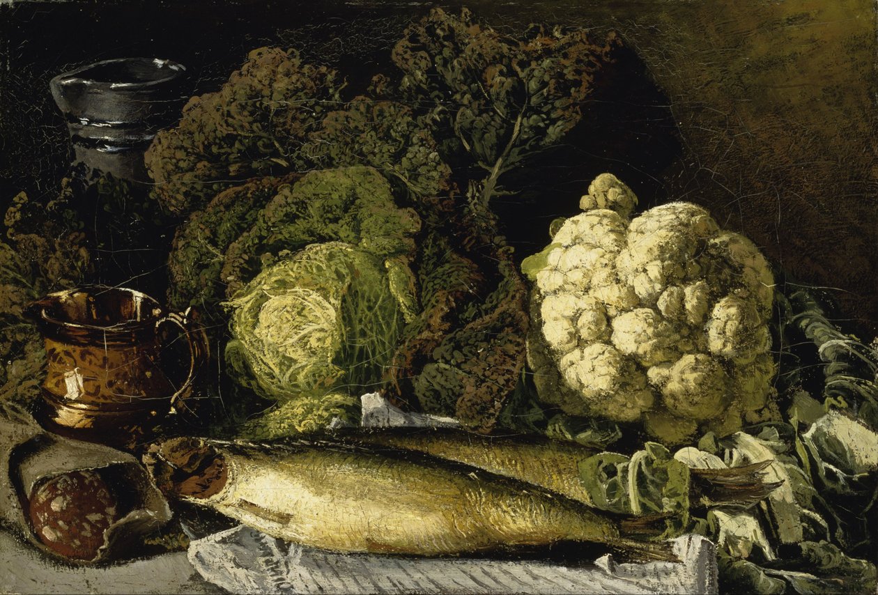 Stilleben med grøntsager og fisk af Fanny Churberg