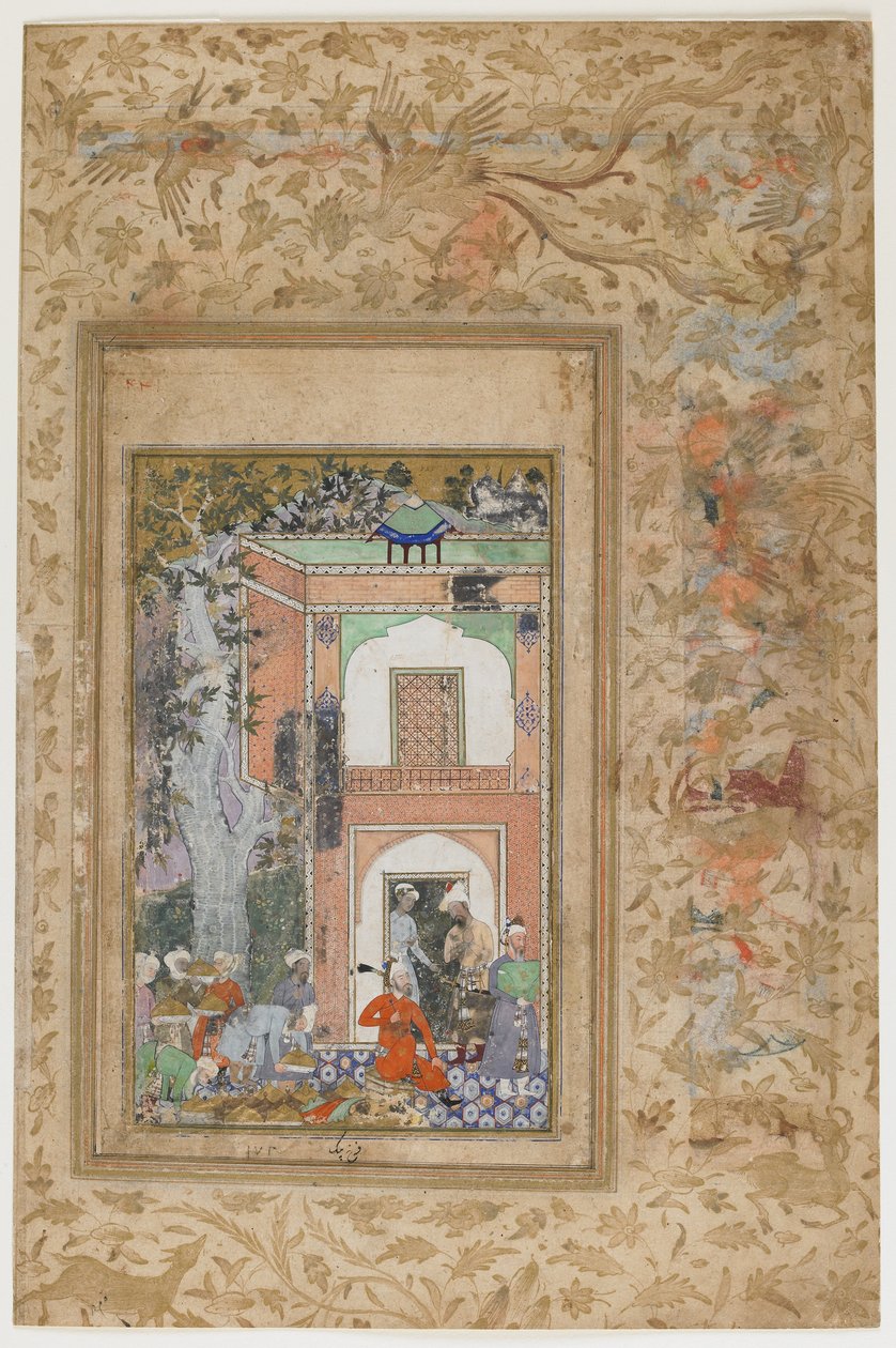 Babur underholder i Sultan Ibrahim Lodis palads, ca. 1585 (ugennemsigtig akvarel og guld på papir) af Farrukh Beg