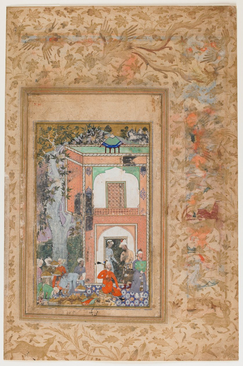 <em> Babur underholder i Sultan Ibrahim Lodis palads </em> fra en <em>Baburnama</em> af Farrukh Beg