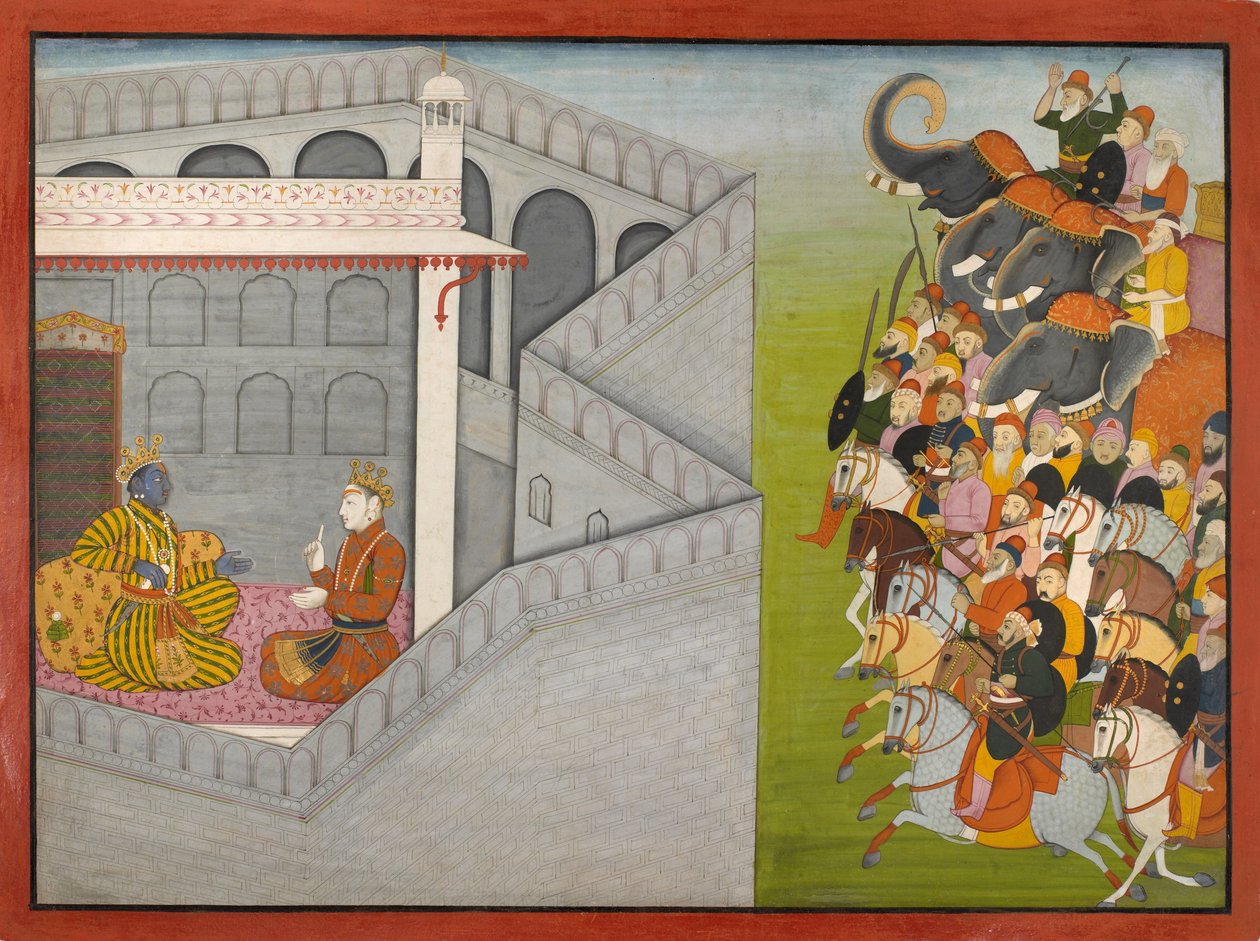Belejringen af Mathura af Jarasandha fra serien Guler-Basholi "Bhagavata Purana" af Fattu