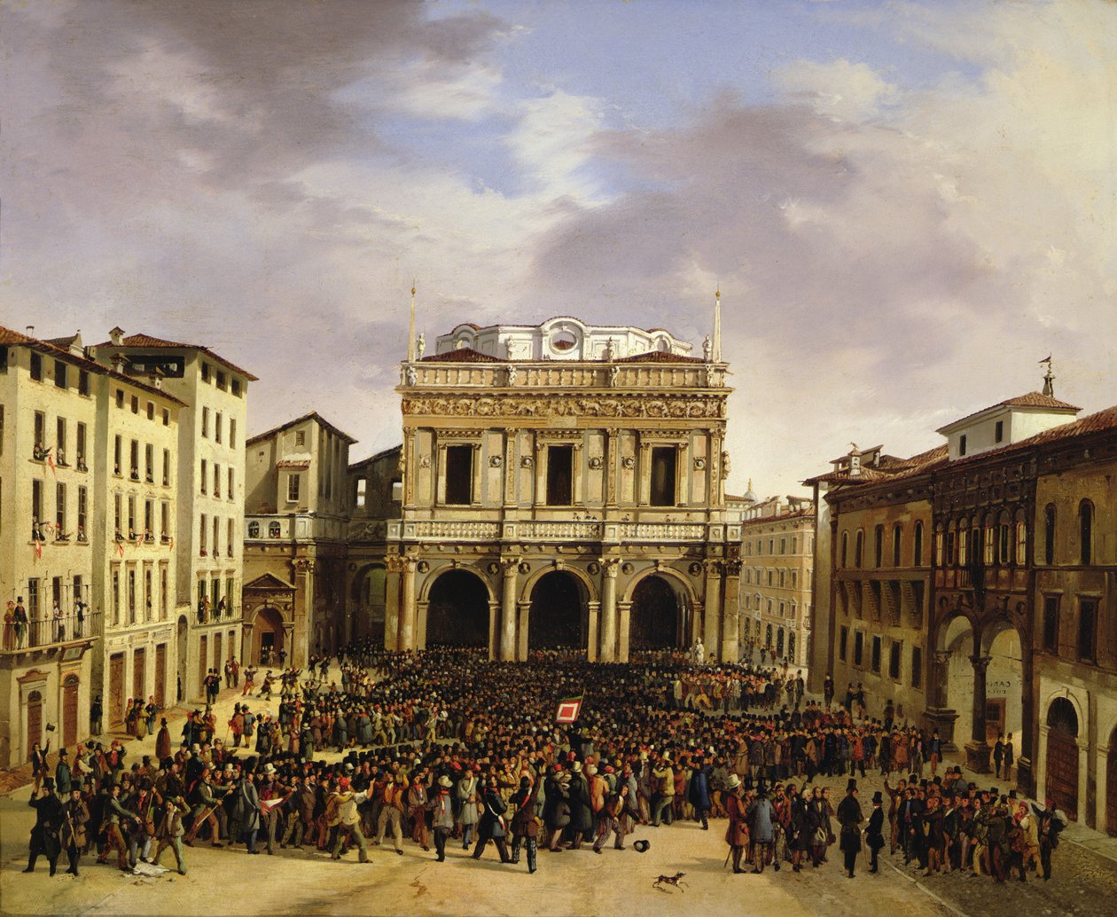 Folket i Brescia samledes på Piazza della Loggia den 23. marts 1849 af Faustino Joli