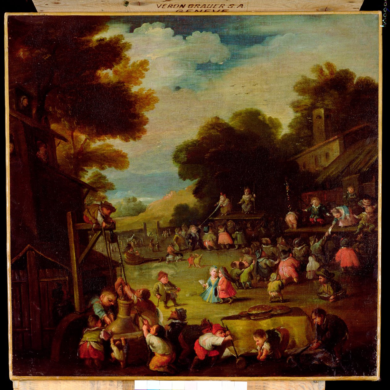 Pygmæer på en messe, trækker vand fra en brønd i forgrunden og ser teaterforestillinger hinsides af Faustino Bocchi or Boccasi