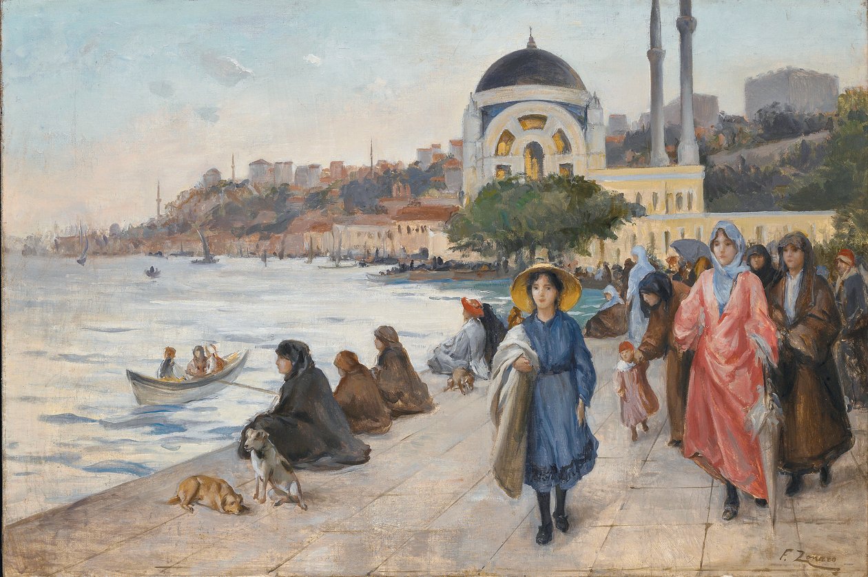 Mafalda på bredden af Bosporus, Dolmabahce-moskeen i baggrunden (olie på lærred) af Fausto Zonaro