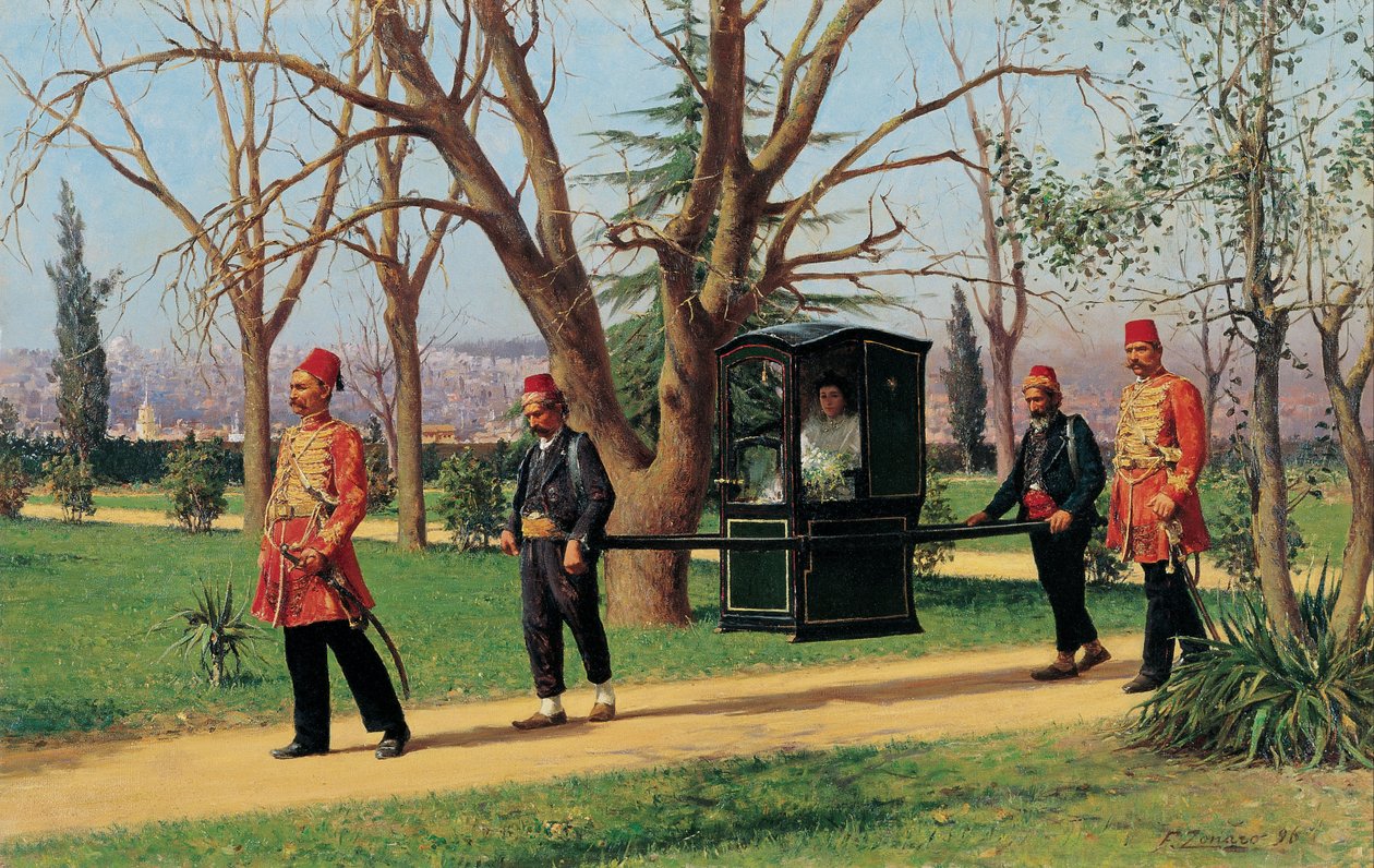Den engelske ambassadørs datter rider i en Palanquin af Fausto Zonaro