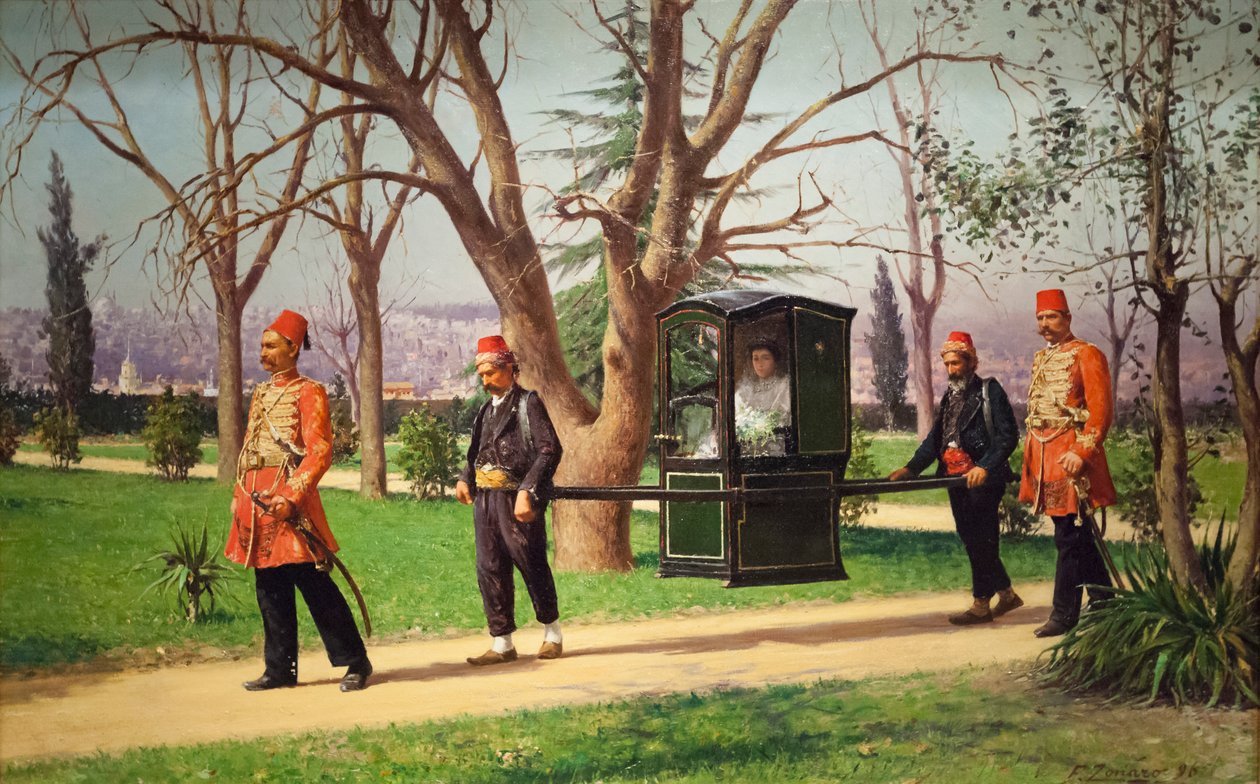 Datteren af den engelske ambassadør rider i en palanquin af Fausto Zonaro