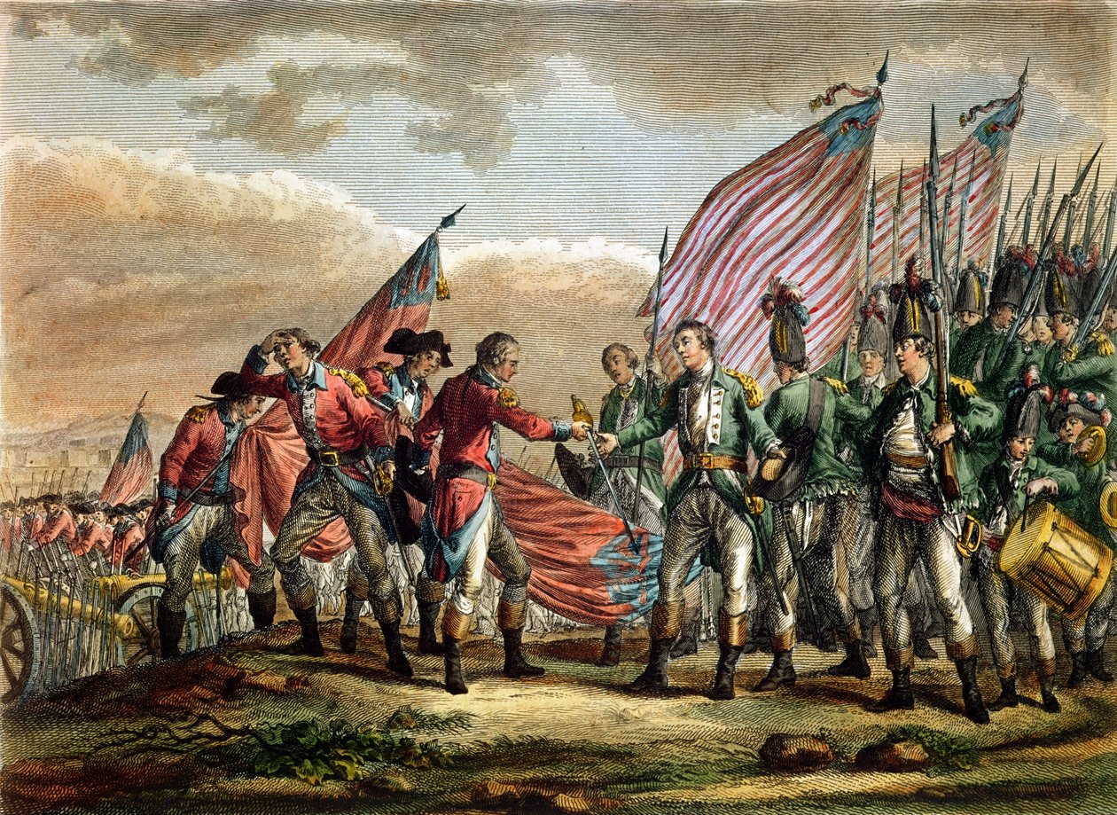 Overgivelsen af general John Burgoyne i slaget ved Saratoga, 7. oktober 1777, indgraveret af Godefroy af Fauvel