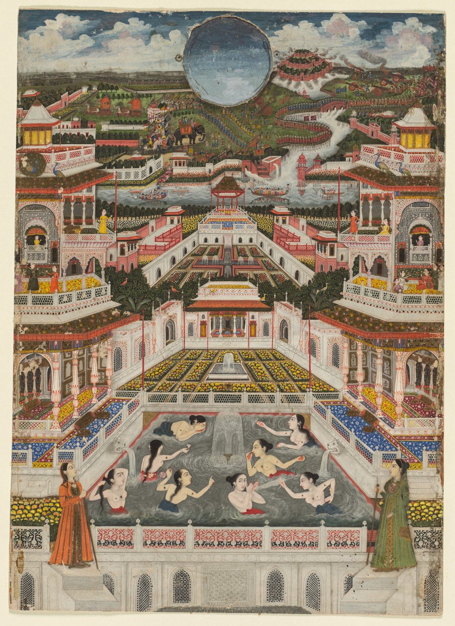 Badende kvinder foran et arkitektonisk panorama, ca. 1765 (dækkende akvarel og guld på papir) af Fayzullah Fayzullah