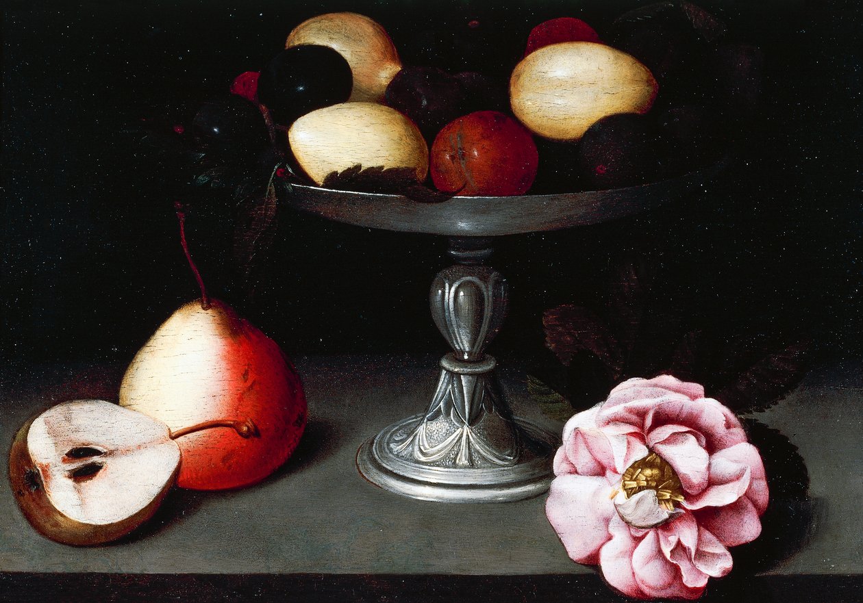 Stativ med blommer, pærer og en rose, ca 1602, af Fede Galizia (1578-1630) af Fede Galizia