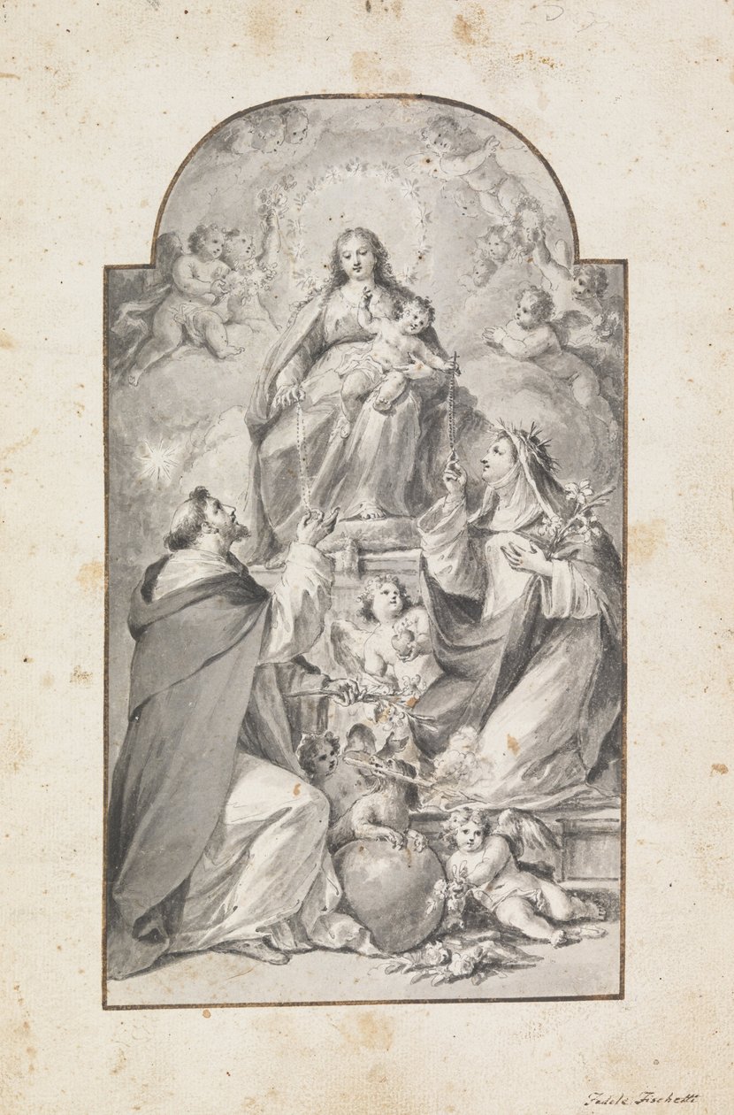 Design til et altermaleri- Saint Dominic og Saint Catherine of Siena Modtager rosenkransen fra ... af Fedele Fischetti