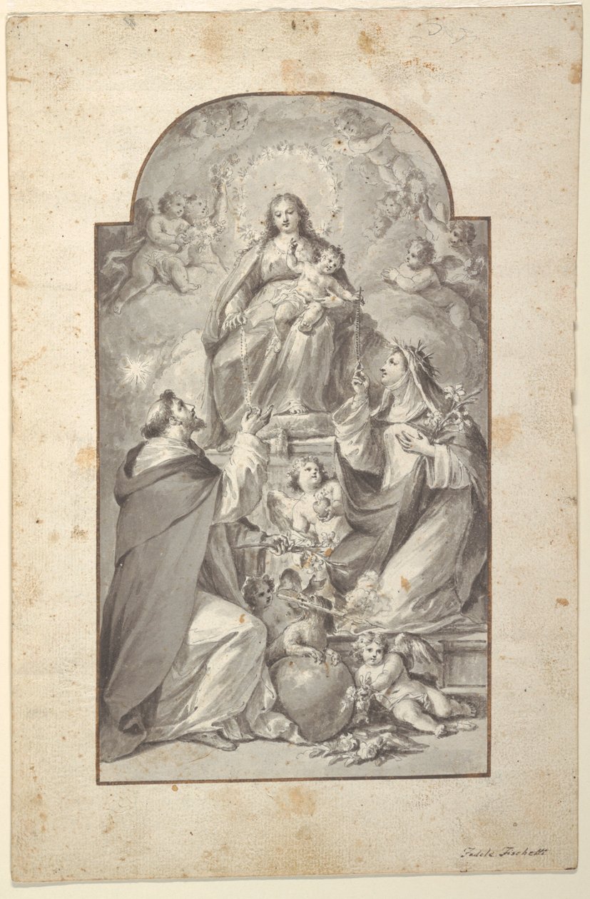 Design til et altermaleri, Saint Dominic og Saint Catherine af Siena modtager rosenkransen fra jomfruen og barnet af Fedele Fischetti