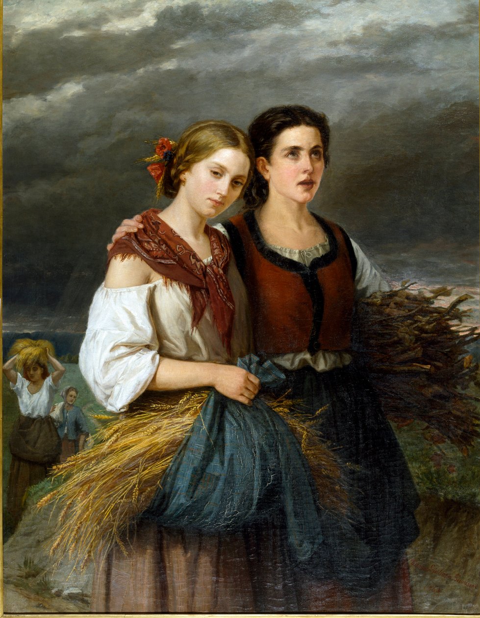 Markernes tilbagevenden To unge bønder iført hvedekolber i deres forklæder står sammen. Maleri af Federica Giuliano Gervasoni (1838-1915) 1863 søn. 135x105 cm Genes Nervi, Galleria d