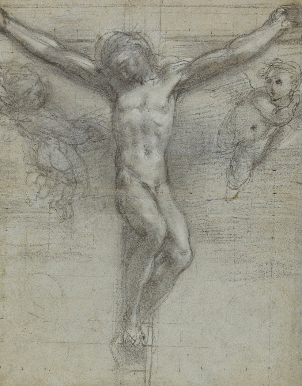 Et studie af Kristus på korset med to engle (sort kridt, forhøjet med hvidt på papir) af Federico Barocci