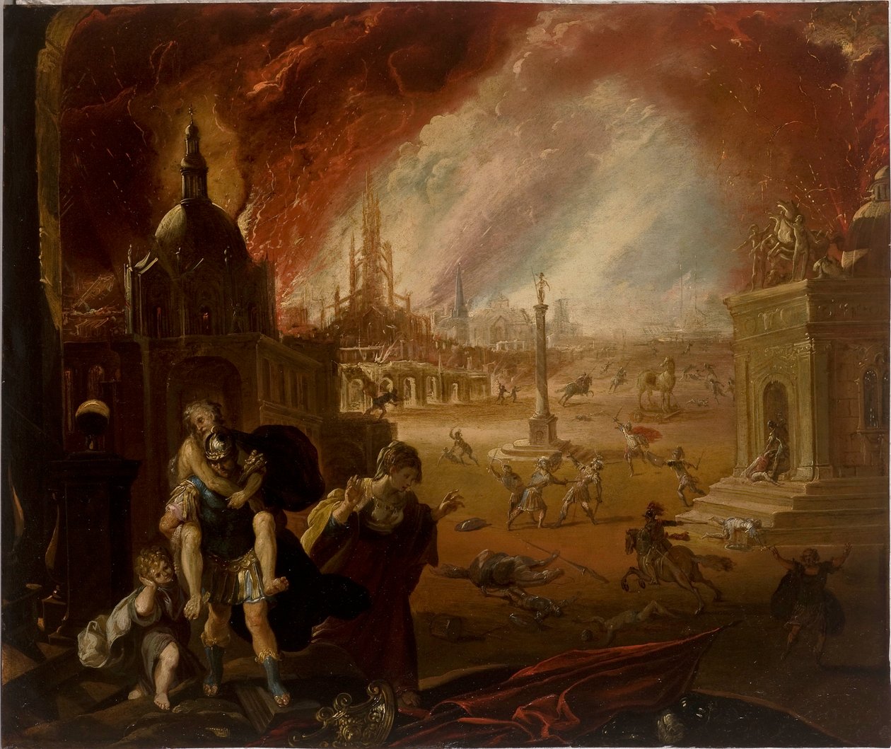 The Flight of Aeneas, med Trojas fald hinsides (olie på kobber) af Federico Barocci