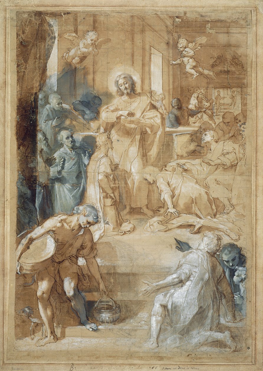 Eukaristiens institution, ca. 1603 (blæk med vask, sort kridt og grisailleolie på papir) af Federico Barocci