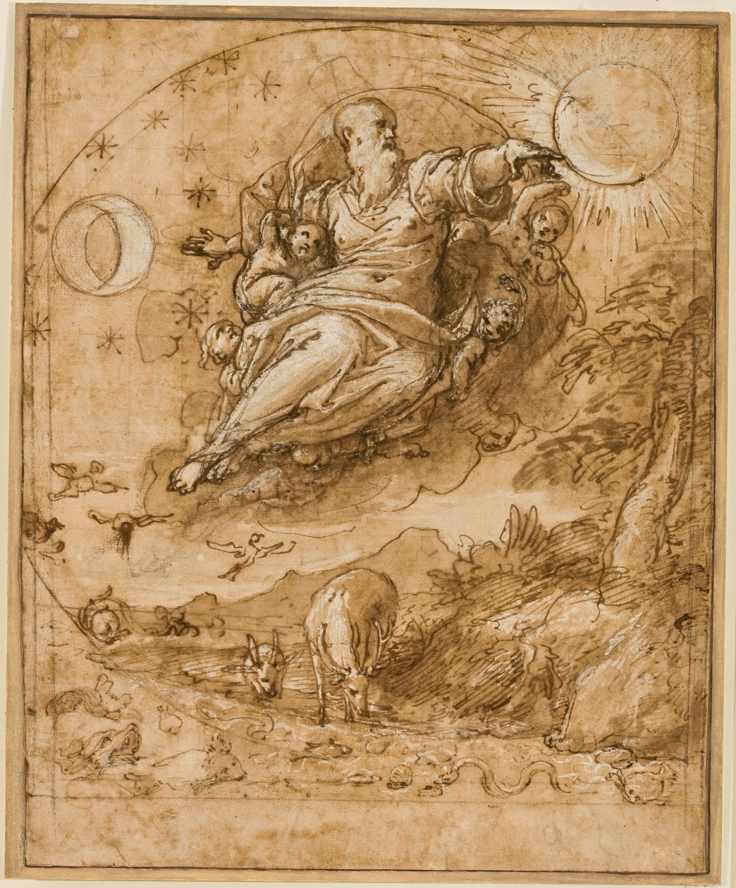 Herren skaber solen og månen, 1566-69 (pen og blæk, kridt, vask og hvid forhøjning på papir) af Federico Zuccaro