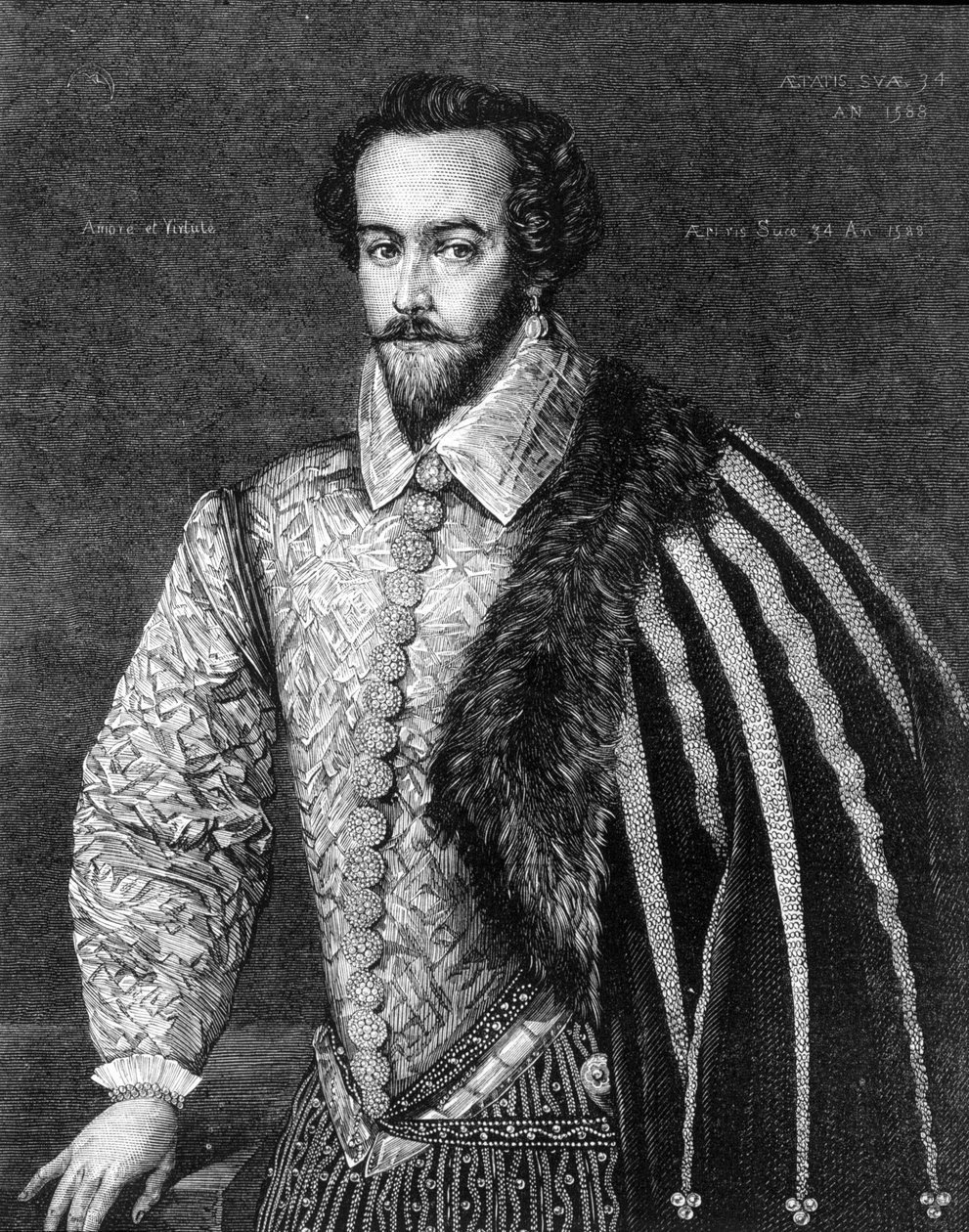 Portræt af Sir Walter Raleigh (1554 - 1618), engelsk navigatør, hofmand og forfatter. Gravering efter et maleri tilskrevet Federico Zuccaro (eller Zuccari) (1549 - 1609) fra 1588. af Federico (after) Zuccari or Zuccaro