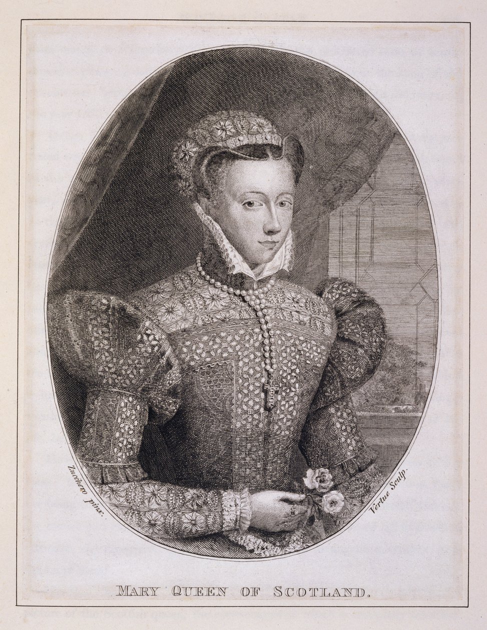 Mary Queen of Scots (1542-87), graveret af George Vertue (1684-1756) (gravering) af Federico (after) Zuccaro