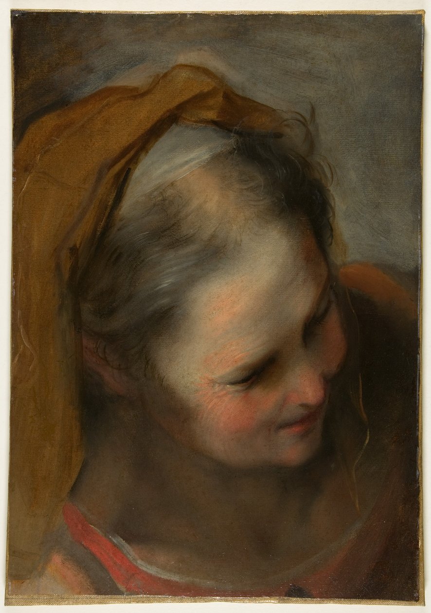 Hoved af en gammel kvinde, der ser ned mod højre (Sankt Elisabeth) af Federico Barocci