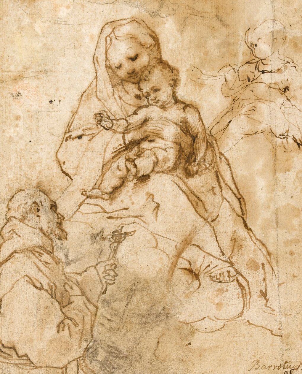 Jomfru og barn med Frans (Rødkridt med pen og blæk på papir) af Federico Barocci