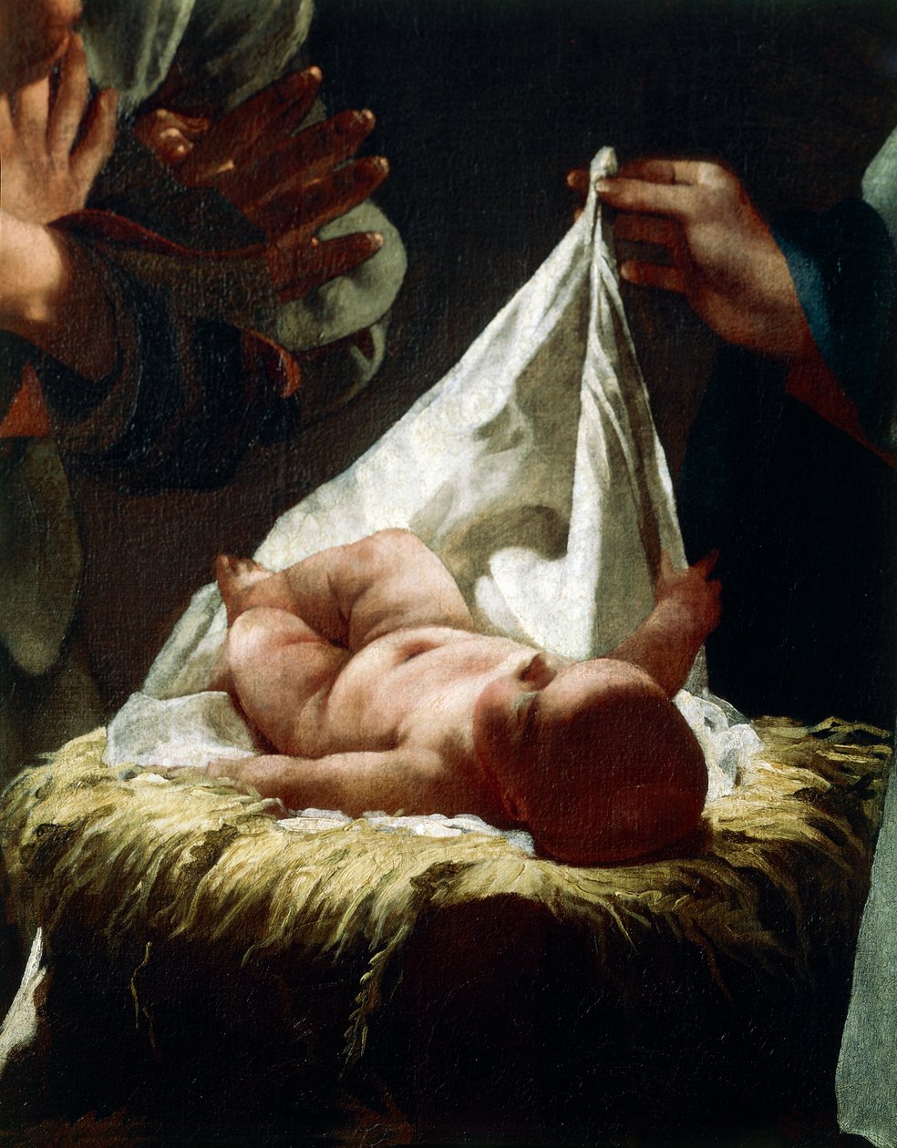 Tilbedelse af hyrder af Federico Bencovich (1677-1753), olie på panel, 233x166 cm, detalje af Federico Bencovich