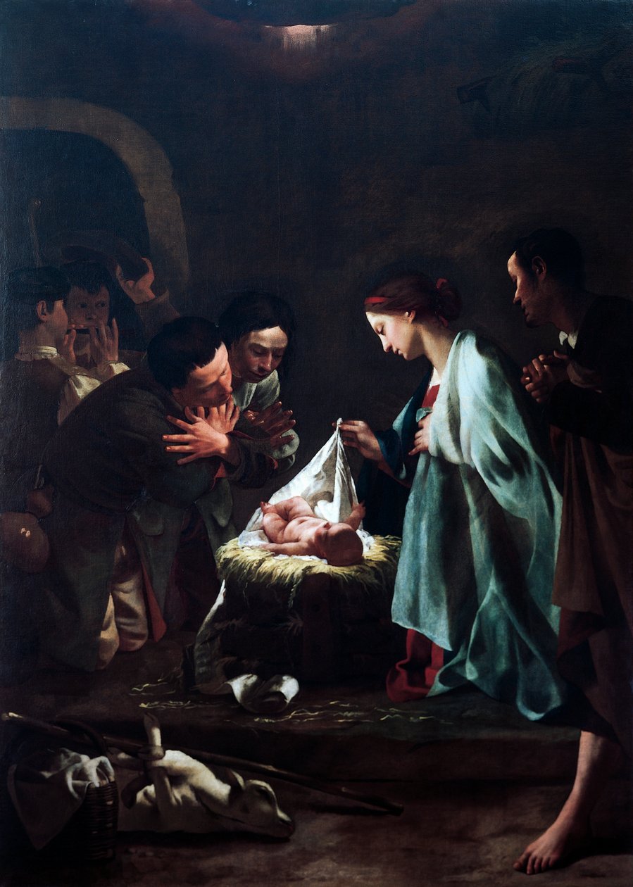 Tilbedelse af hyrder af Federico Bencovich (1677-1753), olie på panel, 233x166 cm, detalje af Federico Bencovich