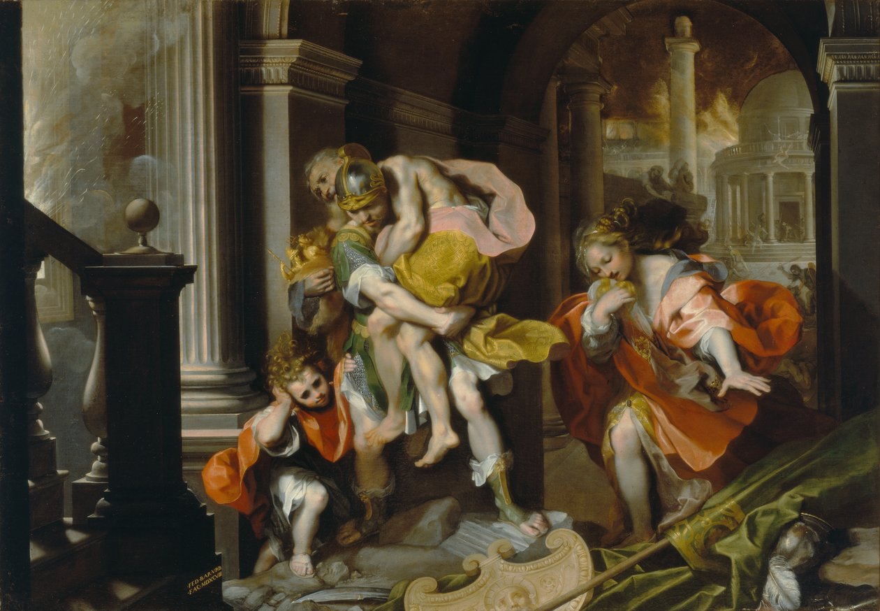 Aeneas og Anchises flygter fra Troja, ca. 1587 (pen & blæk og olie med hvid forhøjning) af Federico Fiori Barocci or Baroccio