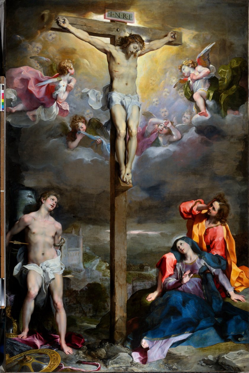 Kristi korsfæstelse med Vor Frue, Sankt Johannes Evangelisten og Sankt Sebastian af Federico Fiori Barocci or Baroccio