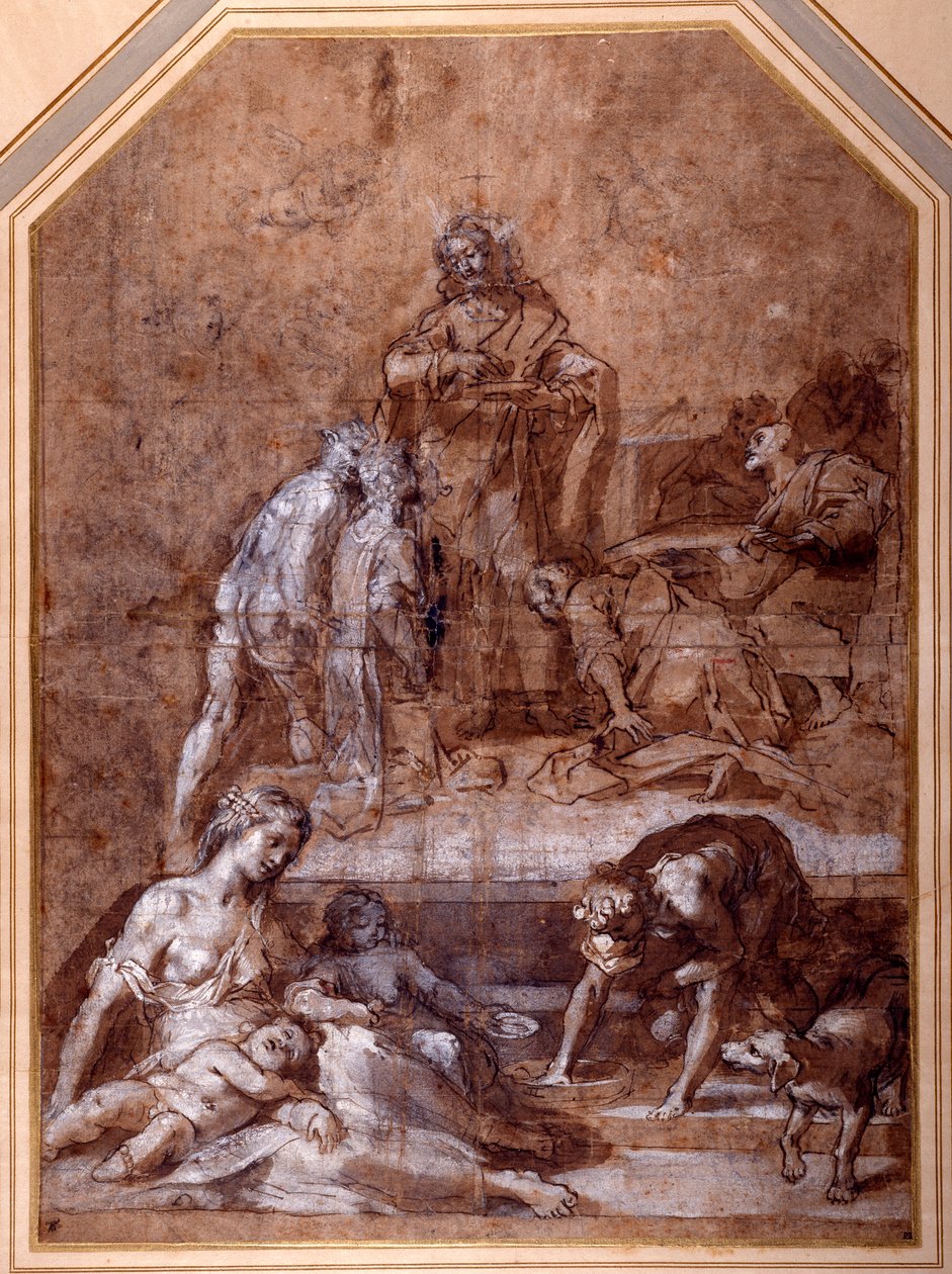 Religiøs allegori, indsamlingen af Manna og eukaristiens institution (pen & blæk og kridt med vask, forhøjet med hvidt på papir) af Federico Fiori Barocci or Baroccio