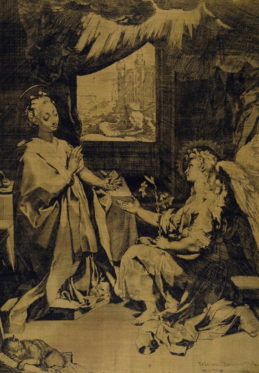 Bebudelsen (ætsning, gravering og tørnål på gul silketaft) af Federico Fiori Barocci or Baroccio