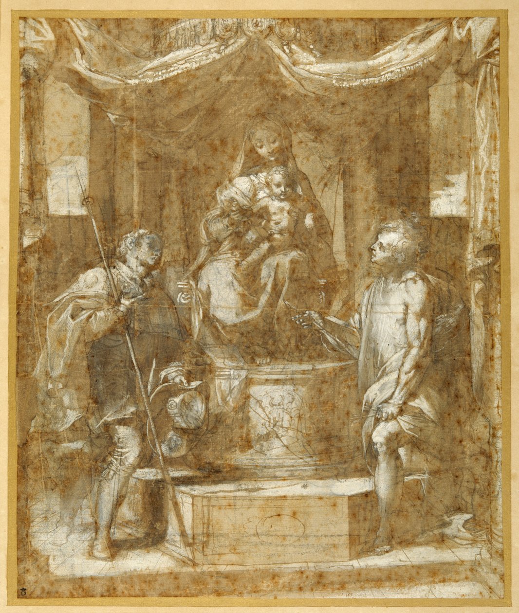 Jomfruen og barnet troner under en baldakin med Sts Roch og Sebastian (pen og brunt blæk med brun vask og forhøjning) af Federico Fiori Barocci or Baroccio