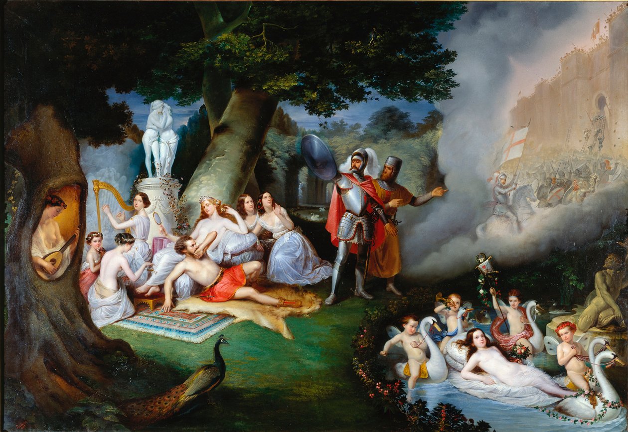 Renaud i Armides have Illustration af en scene af "The Jerusalem delivree" (La gerusalemme liberata) af Torquato Tasso (kendt som kruset). Den fortryllende Armide omgivet af meget symbolske Amours seduit ved hjælp af sit magiske spejl ridderen af Federico Peschiera