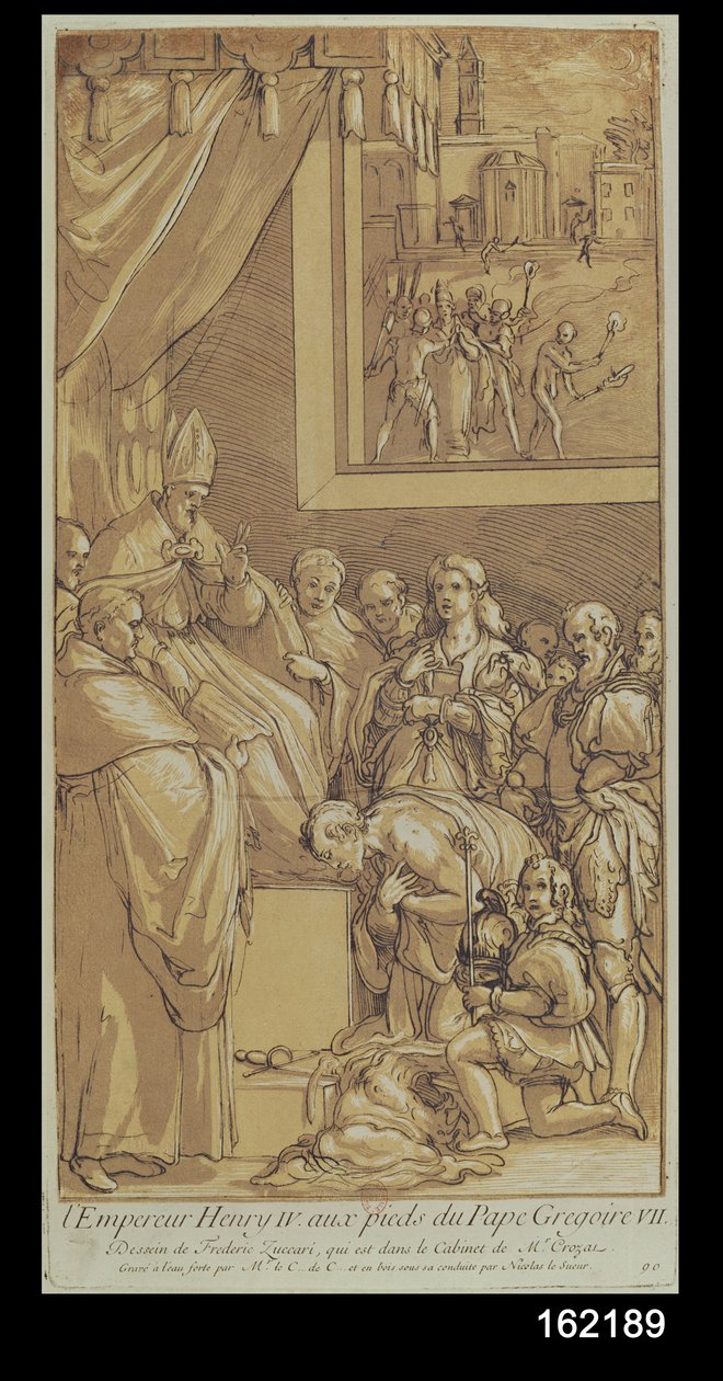 Kejser Henri IV (1050-1106) ved fødderne af pave Gregor VII (1020-85), graveret af Nicolas Le Sueur (1691-1764) af Federico Zuccari or Zuccaro