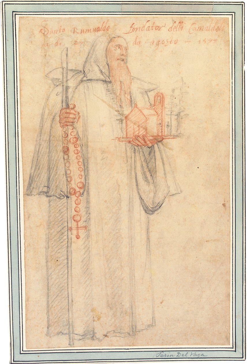 Fra Stefano, procurator for Camaldolites i Vallombrosa, som Saint Romuald, med en model af en kirke og en rosenkrans, 1577 af Federico Zuccaro
