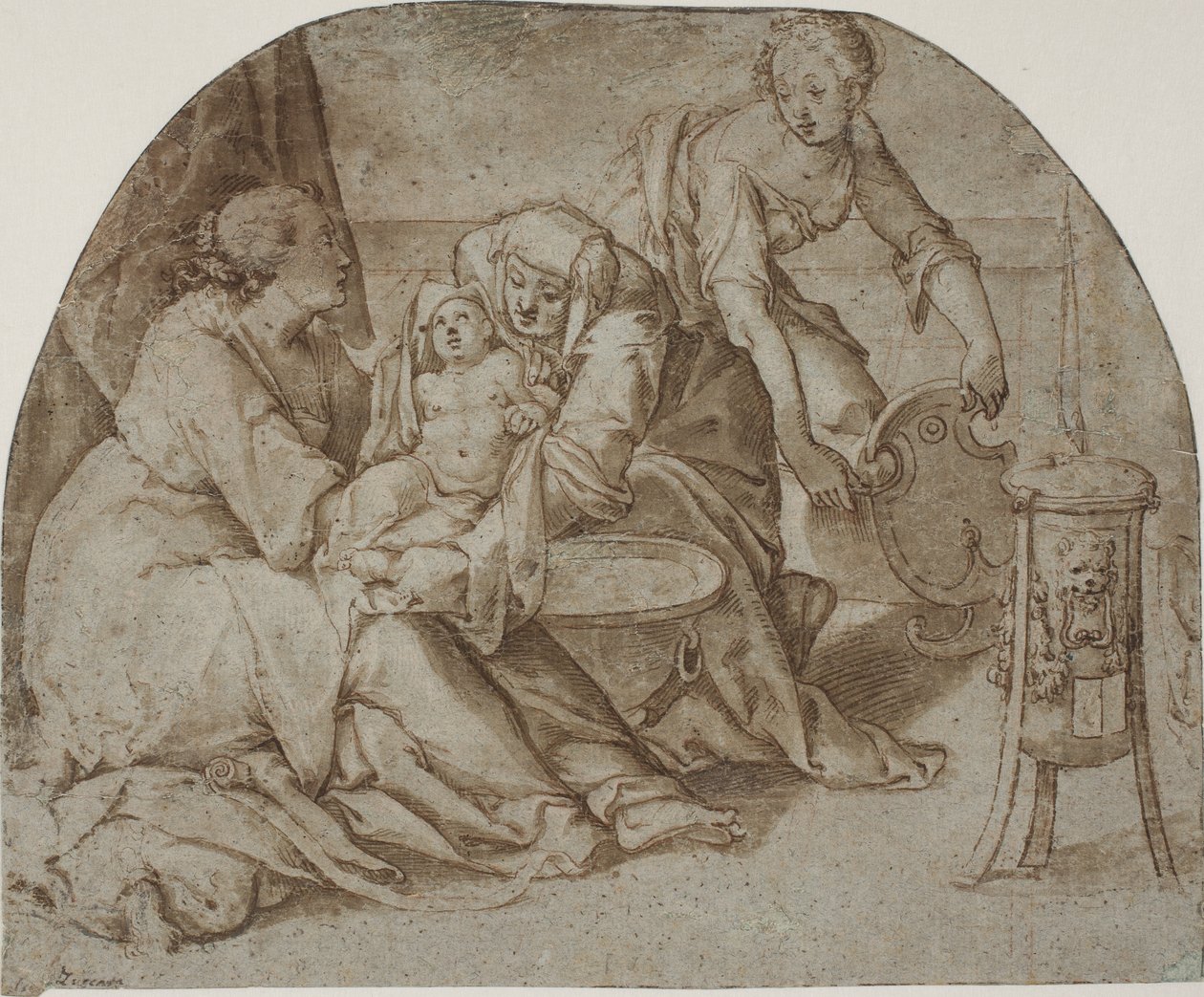 Jesus barnet bades af Maria, Anna og en tjenestepige af Federico Zuccaro