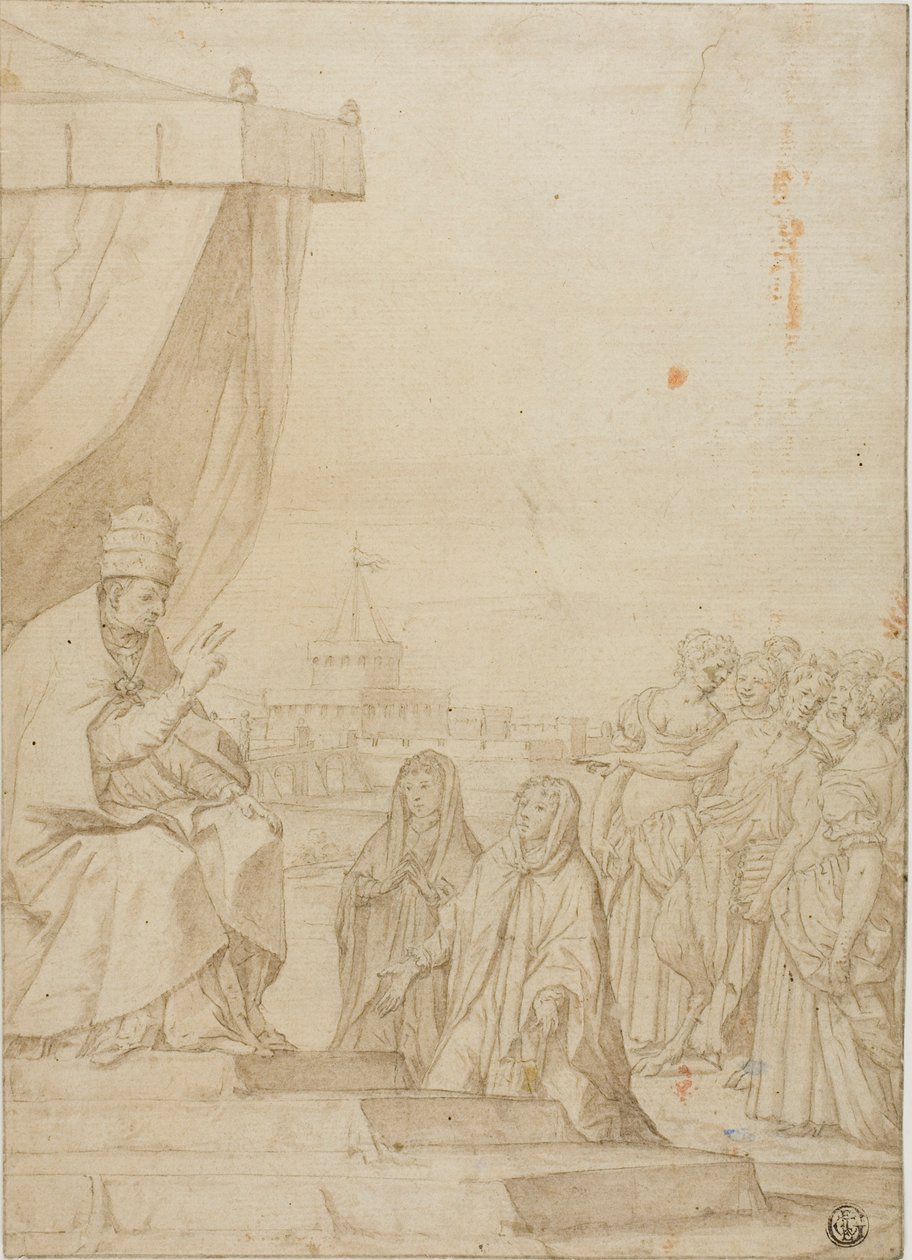 Paven velsigner to kvinder i nærvær af satyr og forsamlede kvinder med Castel Sant Angelo i baggrunden af Federico Zuccaro