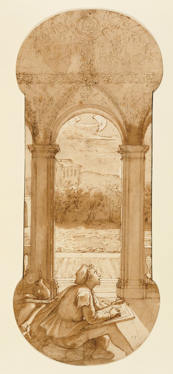 Taddeo kopierer Raphaels kalkmalerier i loggiaen i Villa Farnesina, hvor han også er repræsenteret i søvn af Federico Zuccaro