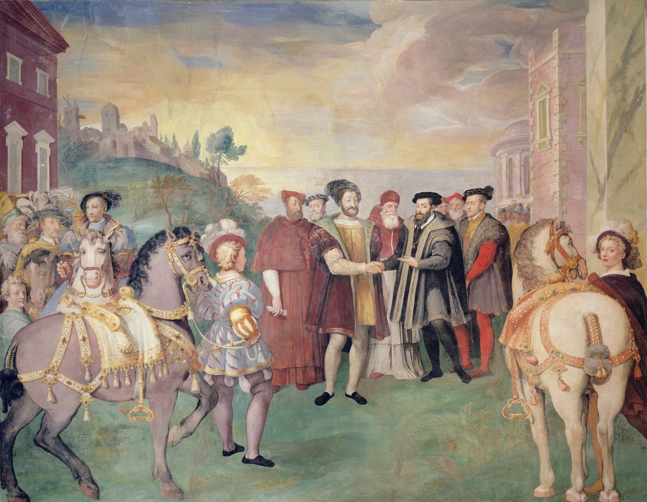 Våbenhvilen i Nice mellem Francois I og kejser Karl V i 1538, i midten, pave Paul III Farnese, valgt i 1534 af Federico Zuccaro