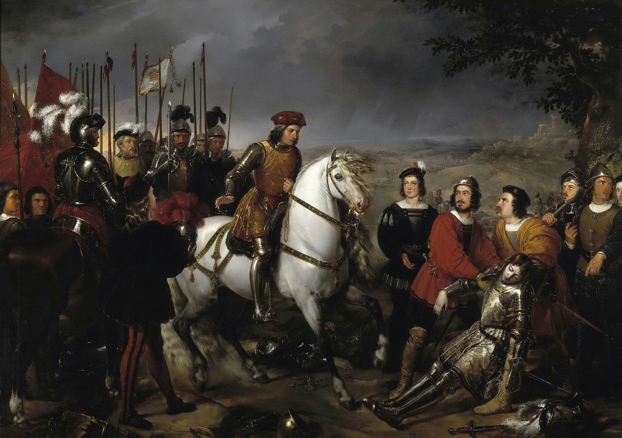 Spansk: El Gran Capitán recorriendo el campo de la batalla de Ceriñola Gonzalo Fernández de Córdoba ved slaget ved Cerignola
 eller spansk: El Gran Capitán después de la batalla de Ceriñola encuentra el cadáver de Luis de Armagnac Gonzalo Fernández de Córd af Federico de Madrazo y Kuntz