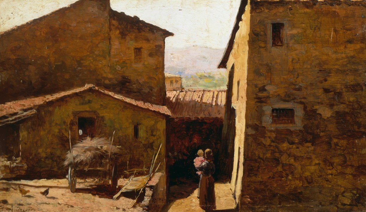 Rustikke toscanske bondegårde, af Federico Andreotti (1847-1930), olie på panel af Federigo Andreotti