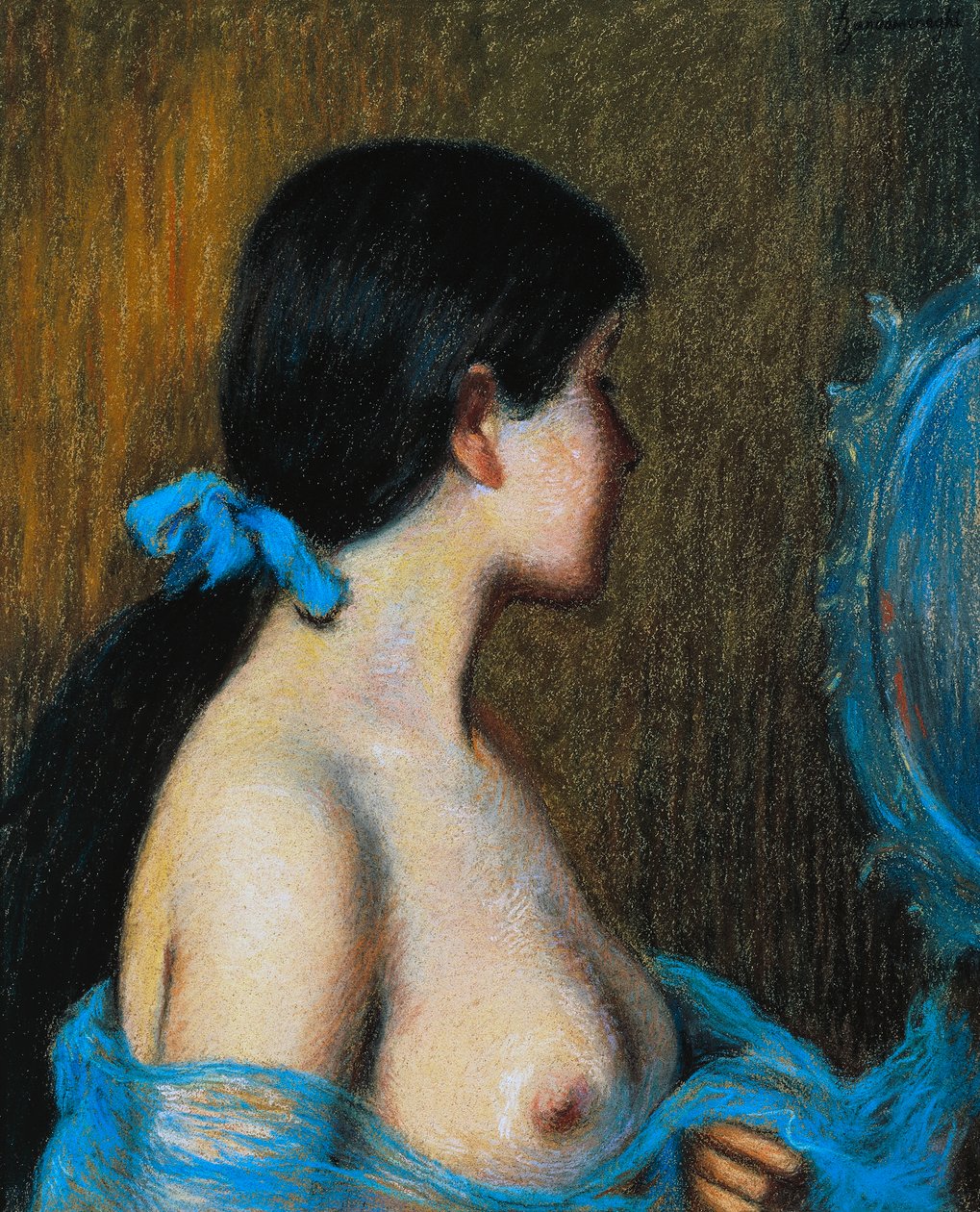 Ung kvinde ved spejl, af Federico Zandomeneghi (1841-1917), pastel på papir monteret på lærred, 46x38 cm af Federigo Zandomeneghi