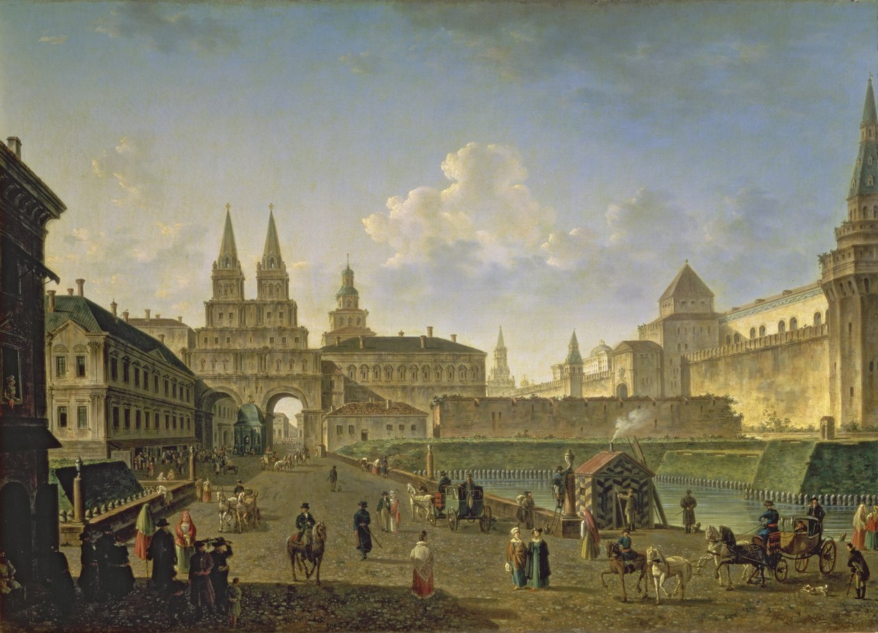 Udsigt over Voskresensky- og Nikolsky-portene og Neglinny-broen fra Tverskay Street i Moskva, 1811 af Fedor Yakovlevich Alekseev
