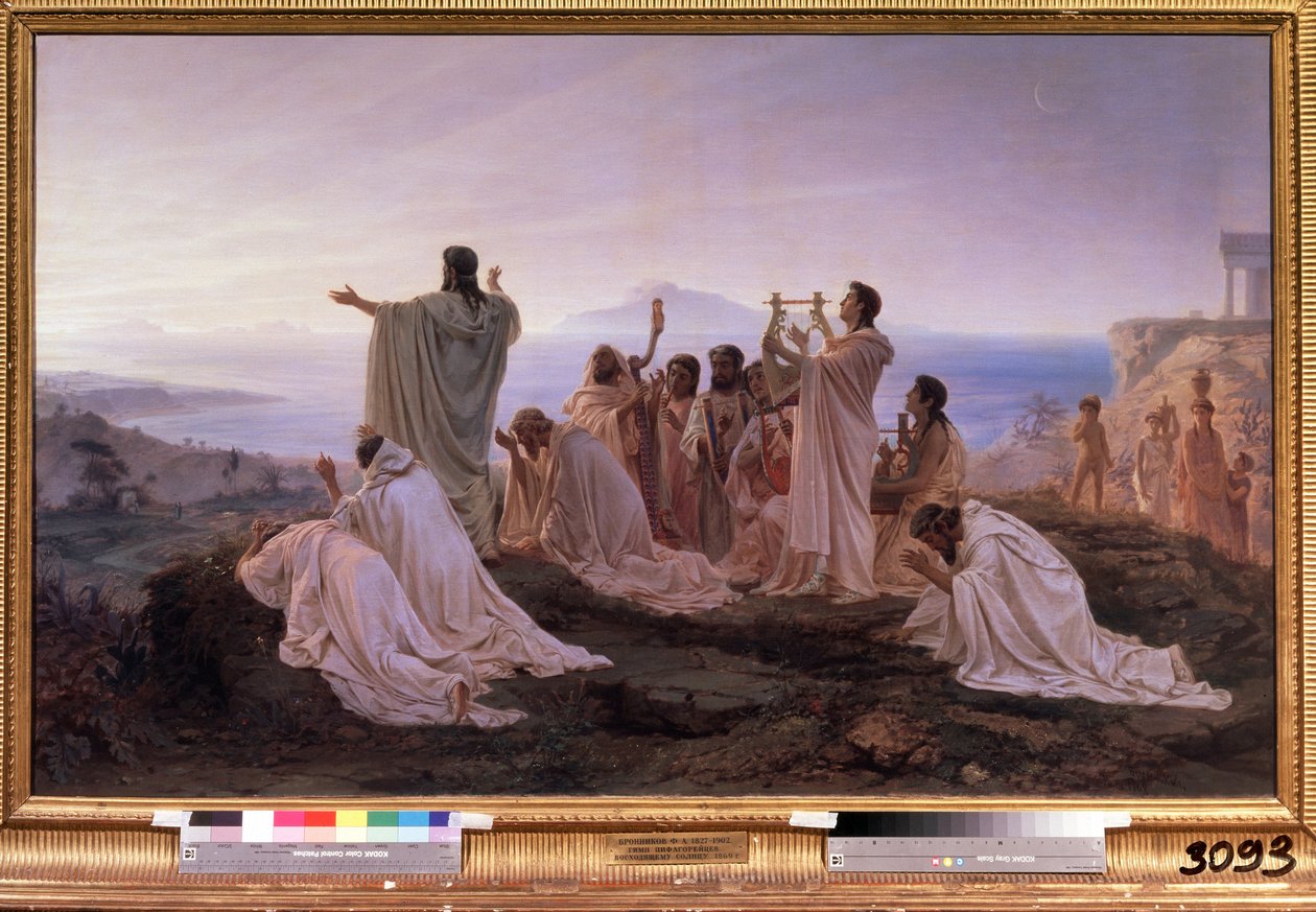 ""The Hymn to the Rising Sun of Pythagoras"" Rituel ceremoni i det antikke Grækenland inspireret af Pythagoras teorier om musik og stjernerne. Maleri af Feodor Andreyevich Bronnikov (1827-1902) 1869 State Tretyakov Gallery Moskva af Fedor Andreevich Bronnikov
