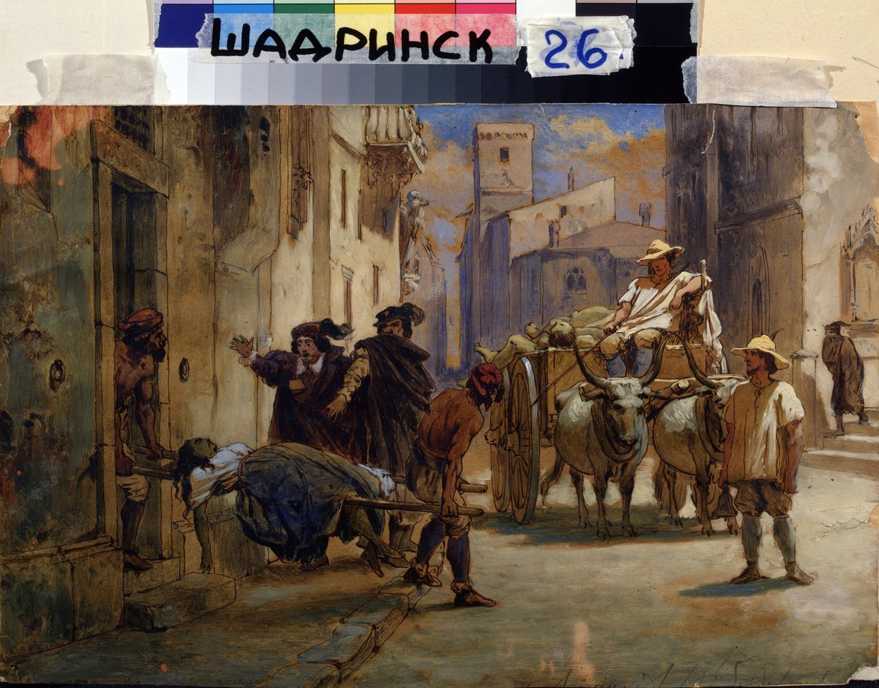 Under en epidemi. Bårebærere, der fjerner liget af en død kvinde fra et hus for at lægge det i en vogn sammen med andre lig. Maleri af Feodor Andreyevich Bronnikov (1827-1902). Olie på pap, 21,8 x 33 cm, russisk kunst af Fedor Andreevich Bronnikov