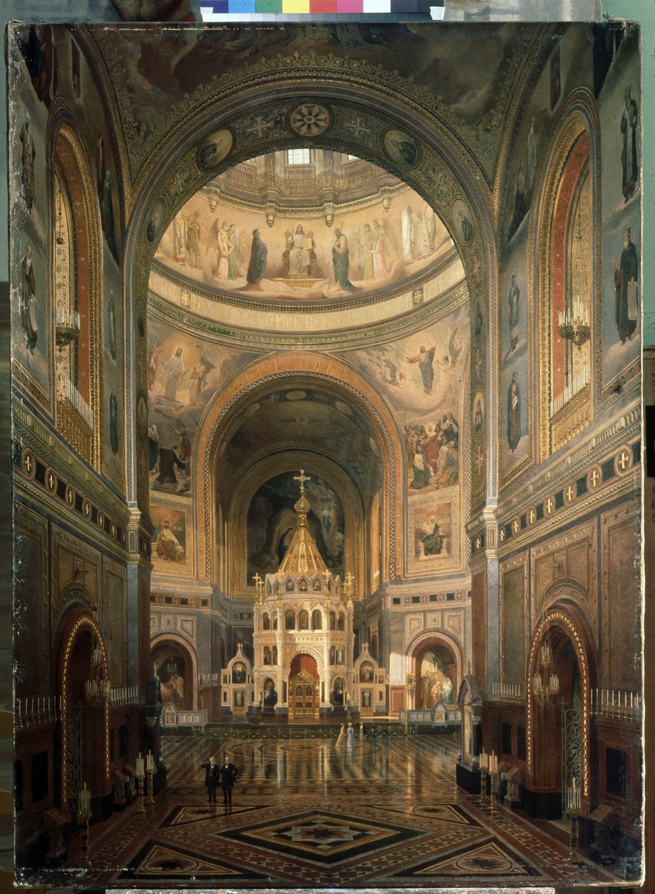 Indvendig udsigt over Kristi Frelsers katedral i Moskva. (Indvendig udsigt over Kristus Frelserens katedral i Moskva) - Bygget mellem 1839 og 1883 af arkitekten Constantin Thon (Ton) - Beskrivelse af arkitekturen og udsmykningen - Maleri af Fedor Andreevich Klages