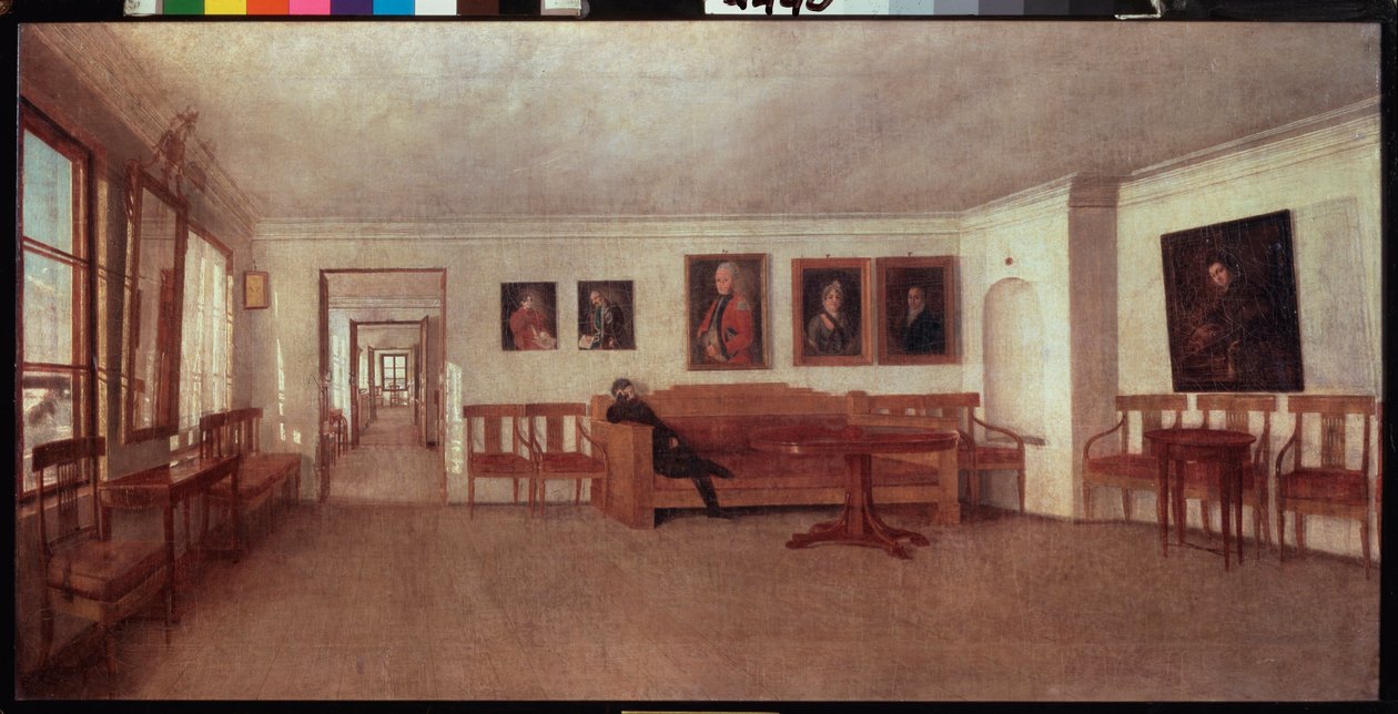 Interiør af A Semenskys hus nær Tver (Rusland) - Interiør af A Semenskys hus nær Twer - Maleri af Fjodor Mikhailovich Slavyansky (1819-1876), olie på lærred - russisk kunst af Fedor Mikhailovich Slavyansky